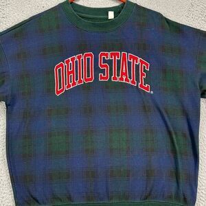 Ohio State Buckeyes Pullover Sweatshirt Mens Small Green Plaid Crewneck Tailgate
